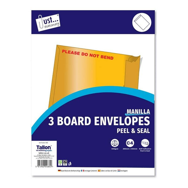 JUST STATIONERY BOARD ENVELOPES 3/PK 265 X 350MM. TA4685