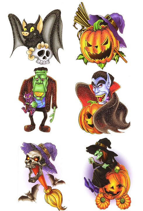 6 HALLOWEEN TEMPORARY TATTOOS TRANSFERS TRICK OR TREAT PARTY LOOT BAG FILLERS PUMPKIN BAT SKULL ZOMB. DP11274