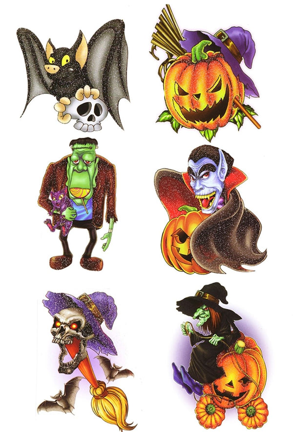 6 HALLOWEEN TEMPORARY TATTOOS TRANSFERS TRICK OR TREAT PARTY LOOT BAG FILLERS PUMPKIN BAT SKULL ZOMB. DP11274