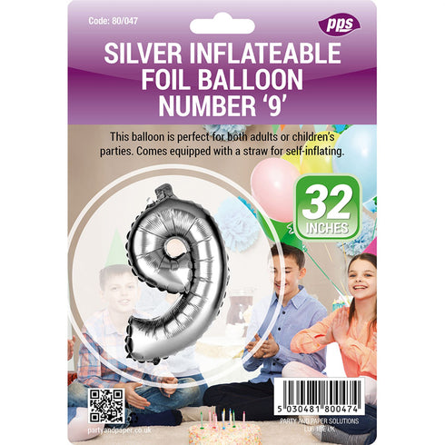 Silver Number 9 Balloon - Giant Foil Decoration for Parties | PPS80047
