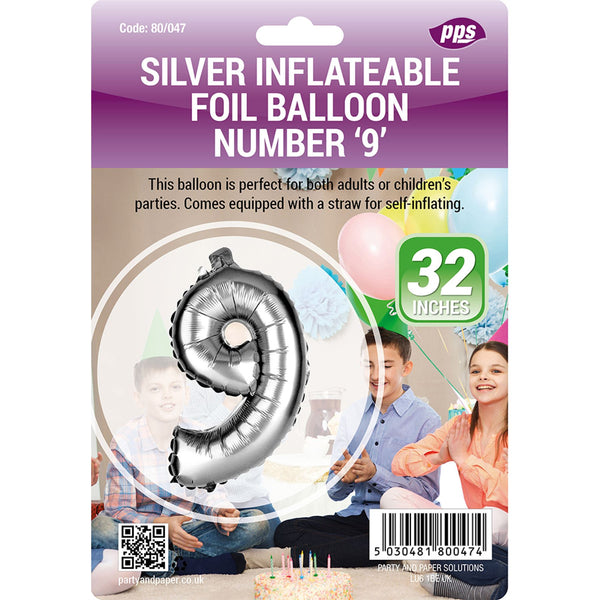 Silver Number 9 Balloon - Giant Foil Decoration for Parties | PPS80047