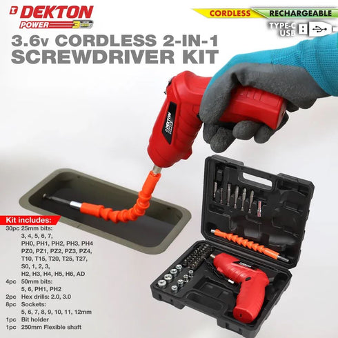 DEKTON 2 IN 1 3.6V CORDLESS SCREWDRIVER DRILL SET WITH RECHARGEABLE BATTERY. DT600015