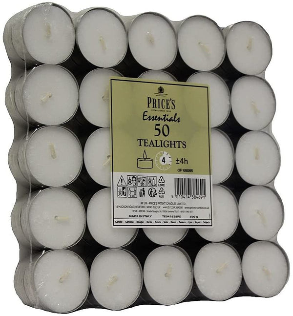 PRICES TEALIGHT CANDLES BAG OF 50 4 HOUR BURN TIME FLAT PACK. TE041628PE