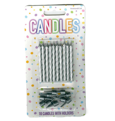 Silver Birthday Candles - HENBRANDT 10-Pack with Holders X50123