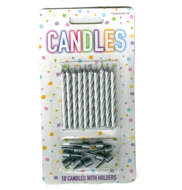 Silver Birthday Candles - HENBRANDT 10-Pack with Holders X50123