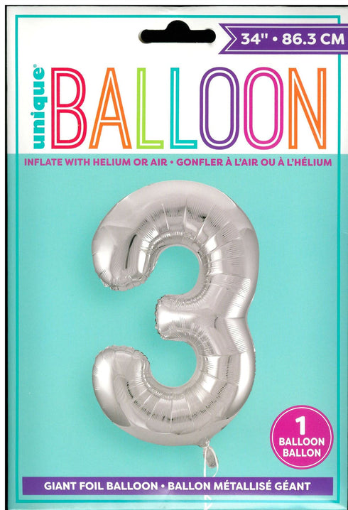 Silver Number 3 Balloon - Perfect for 3rd Birthday Celebrations