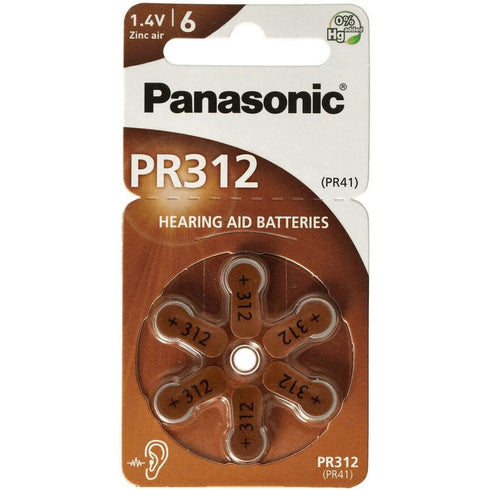 PR312 Hearing Aid Batteries - Panasonic Zinc 1.4V 6 Pack