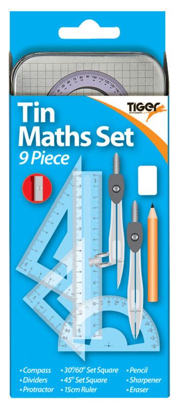 Maths Set Tin - TIGER 9 Piece Precision Tools for Students 301467