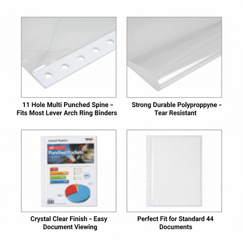 TIGER A4 STRONG TRANSPERENT POLY PUNCH POCKETS PACK OF 100. T300947