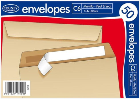 Peel Seal Envelopes - COUNTY C6 Brown 50 Pack C528