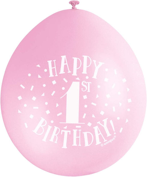 UNIQUE PARTY HAPPY 1ST BIRTHDAY LATEX BALLOONS 9 10/PK - PINK. UNI56031