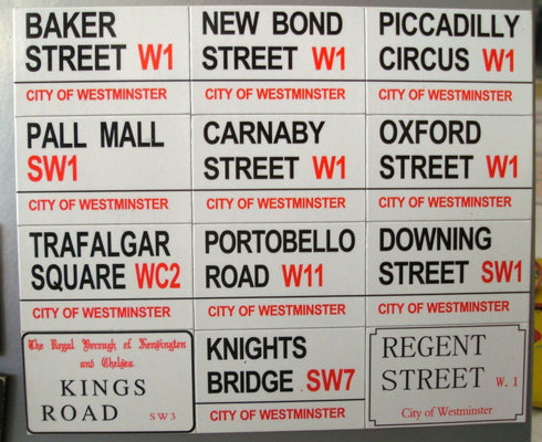 LONDON - FAMOUS STREET SIGNS - 12 FRIDGE MAGNETS INCLUDING TRAFALGAR SQUARE. KI4087