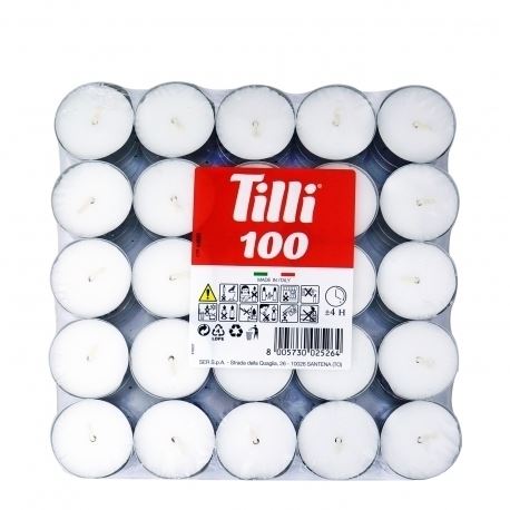 100 PACK OF SER TILLI TEALIGHT WHITE CANDLES IN SILVER HOLDERS. 021893