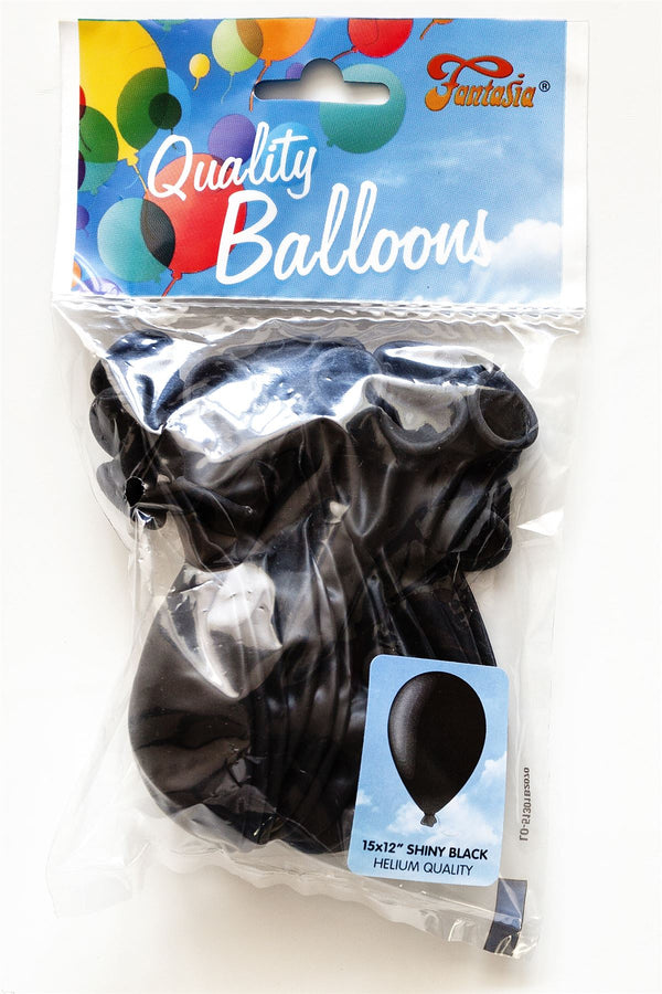 FANTASIA 12 INCH LATEX SHINY BLACK BALLOONS 15/PK. PBSHBLK