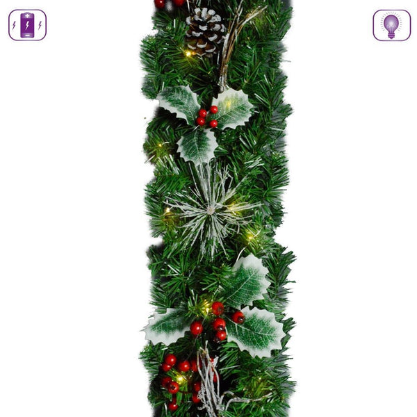 CHRISTMAS BO LIGHT UP HOLLY BERRY GARLAND SNOWY LEAF BATTERY 1.8M. DP56282