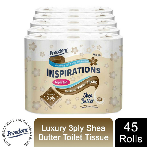 FREEDOM 3 PLY TOILET ROLLS SHEA BUTTER PACK OF 5 X 9 ROLLS. F0905T3NSBN01 FRT39SH