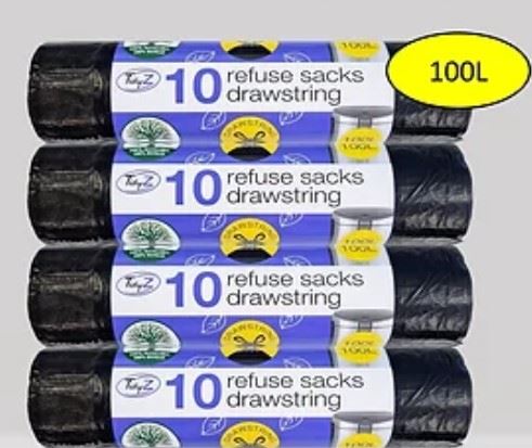 Black Drawstring Bags - Extra Thick Refuse Sacks 100L 10 Pack