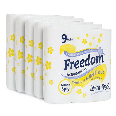 FREEDOM 3 PLY TOILET ROLLS LEMON PACK OF 5 X 9 ROLLS. F0905T3NLEN01 FRT39LE