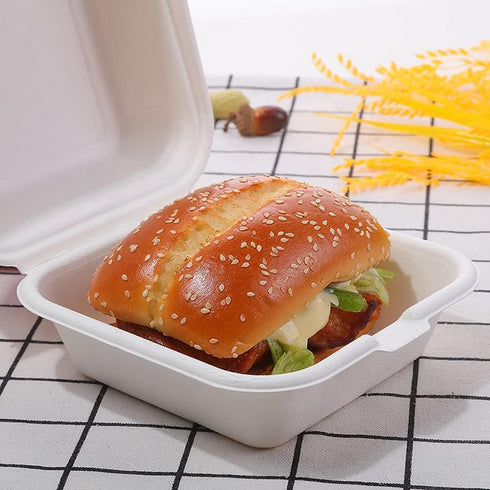 WHITE BAGASSE BIODEGRADABLE CLAMSHELL BOXES 6 X 6" 50/PK BURGER BOX. 09810-BQ1