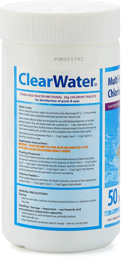 CLEARWATER MULTIFUNCTION TABLETS 1KG - 50 X 20G TABLETS CHLORINE TABLETS. CH0019