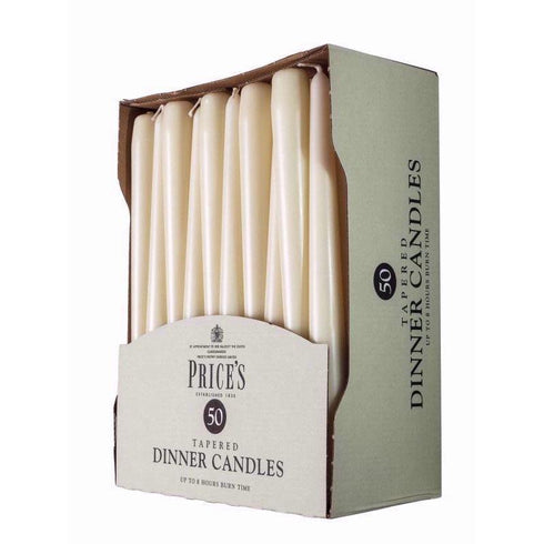 PRICES IVORY TAPERED DINNER CANDLE UNWRAPPED 7HRS 50/PK. TDC005016 327391