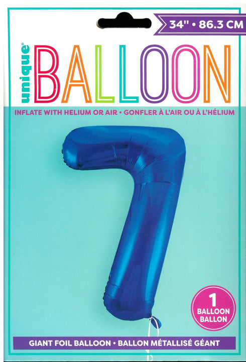 UNIQUE BIRTHDAY BLUE GLITZ NUMBER 7 FOIL BALLOON 34". UNI55747
