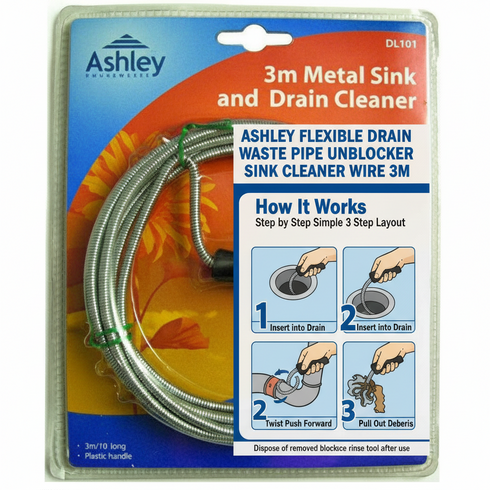 3 METRE METAL BLOCKED DRAIN UNBLOCKER WASTE PIPE CLEANER. BB-DL101
