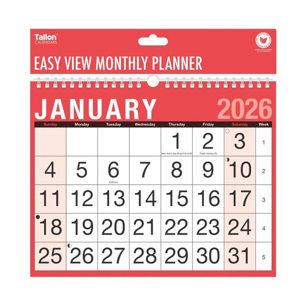 TALLON EASY VIEW MONTH TO VIEW CALENDER 2026 12/PK. TA3802
