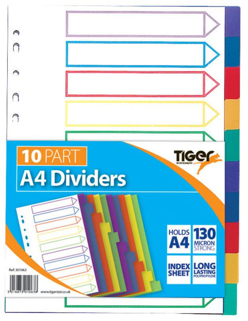 A4 Subject Dividers - TIGER 10 Plastic Tabs T301063