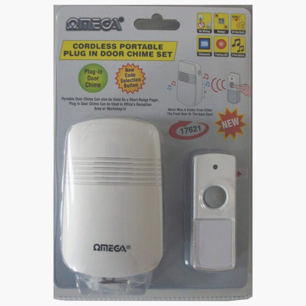 OMEGA CORDLESS PORTABLE PLUG IN DOOR CHIME 75M - 8 TONE OPTIONS. 17621