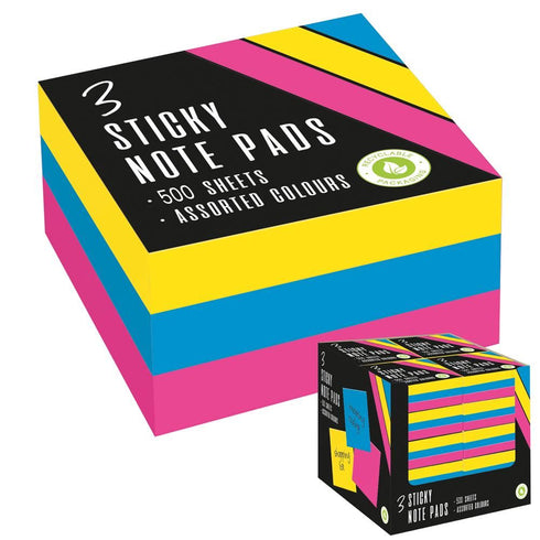 Sticky Note Pads - Assorted Colours, 500 Sheets, 3 Pack | BSNS
