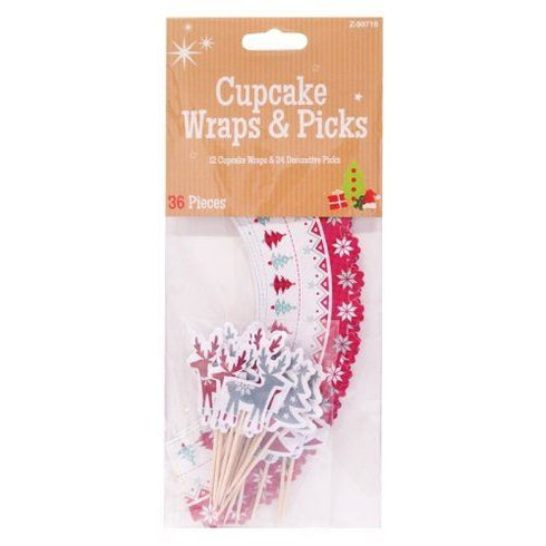 CHRISTMAS PARTY 36 CUPCAKE WRAPS TOPPERS KIT - 24 REINDEER XMAS TREE DESIGN TOPPERS / PICKS 12 REIND. Z98716REN