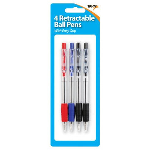 TIGER RETRACTABLE BALL POINT PENS WITH GRIP 4/PK. T301657