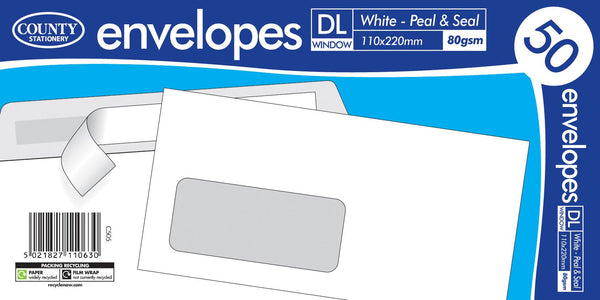 Peel Seal Envelopes - COUNTY DL White 50 Pack C505