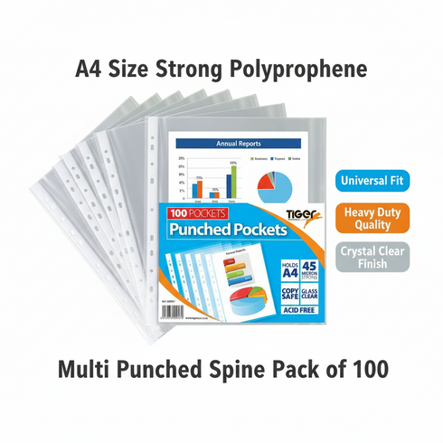 TIGER A4 STRONG TRANSPERENT POLY PUNCH POCKETS PACK OF 100. T300947