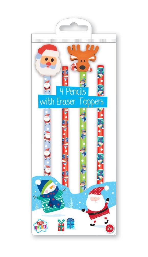 KIDS CREATE CHRISTMAS PARTY PENCILS WITH ERASER TOPPERS 4/PK. XXTCPT