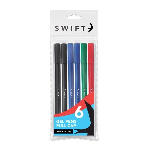 SWIFT PULL CAP GEL PENS 6/PK - ASSORTED COLOUR. P3058