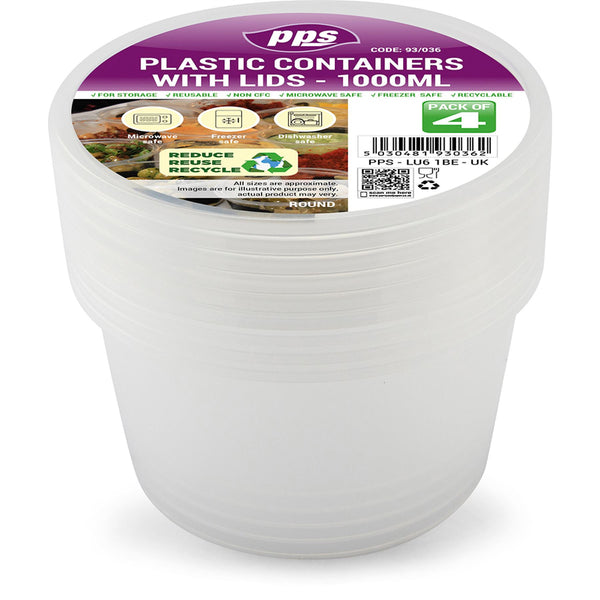 PPS CLEAR PLASTIC ROUND FOOD CONTAINERS WITH LID 1000ML 4/PK. PPS93036