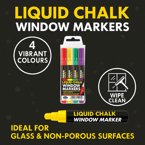 4 COLOURED LIQUID WINDOW MARKERS CHALK. C826