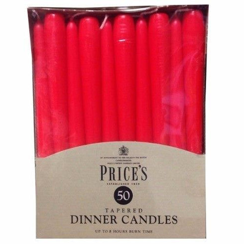 PRICES RED TAPERED DINNER CANDLE UNWRAPPED 7HRS 50/PK. TDC005005 327414