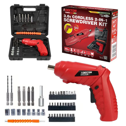 DEKTON 2 IN 1 3.6V CORDLESS SCREWDRIVER DRILL SET WITH RECHARGEABLE BATTERY. DT600015