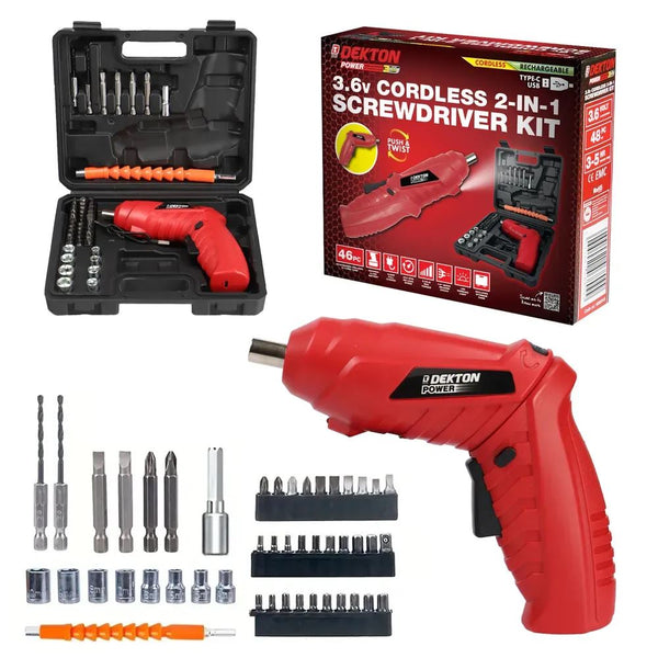 DEKTON 2 IN 1 3.6V CORDLESS SCREWDRIVER DRILL SET WITH RECHARGEABLE BATTERY. DT600015