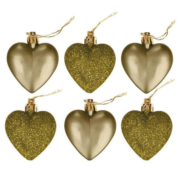 GLITTER / MATT HEART SHAPE CHRISTMAS TREE BAUBLES 50MM 6/PK - GOLD. DP55162