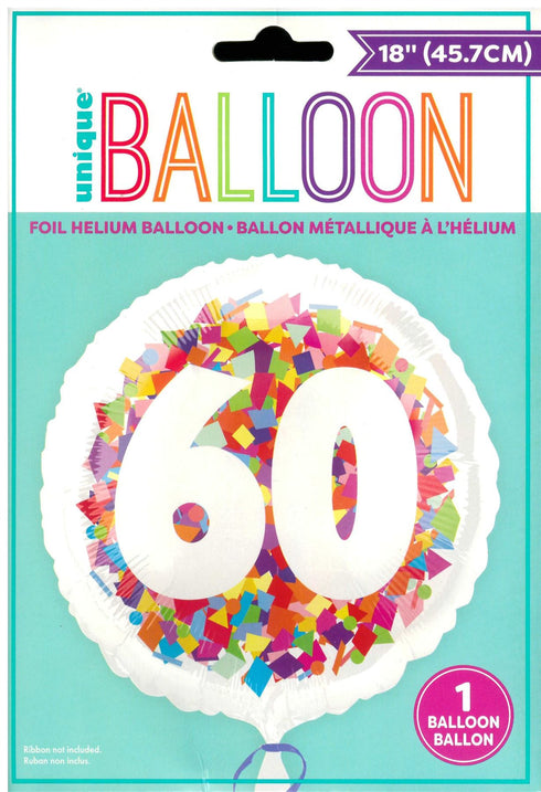 60th Birthday Balloon - Unique Bright Confetti Number 60 Foil Decor
