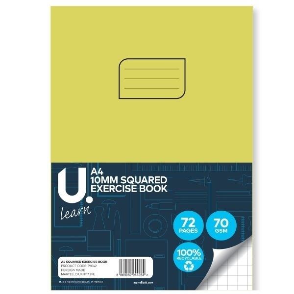 U LEARN A4 10MM SQUARED EXERCISE BOOK 70GSM 36 SHEETS. P1042