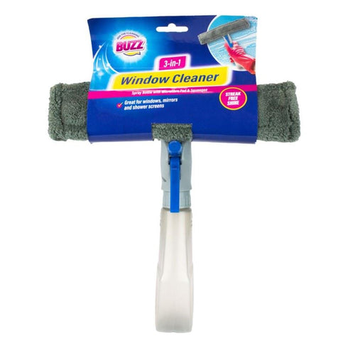 BUZZ 3 IN 1 WINDOW CLEANER SPARY BOTTLE WITH MICROFIBRE PAD & SQUEEGEE. OL324539
