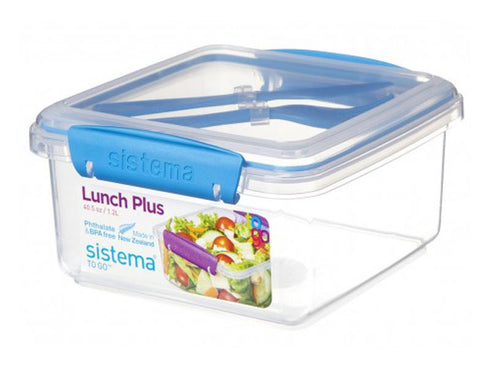 SISTEMA LUNCH PLUS TO GO 1.2L ASSORTED COLOUR LID WITH FORK AND KNIFE. 21652