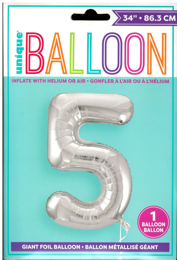 Silver Number 5 Balloon - Perfect for 5th Birthday Celebrations