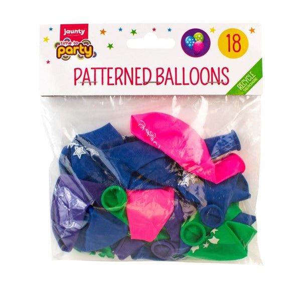 TIME TO PARTY PATTERNED BALLOONS PACK OF 18. OL315109