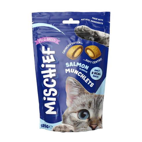 PURE BREED MISCHIEF SALMON FLAVOUR PILLOW CAT TREATS 125GM. OL324663